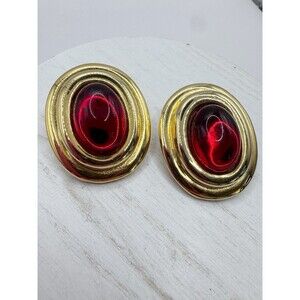 Red Cabochon Mogul Earrings Gold Tone Oval Clip Ons Retro Glam